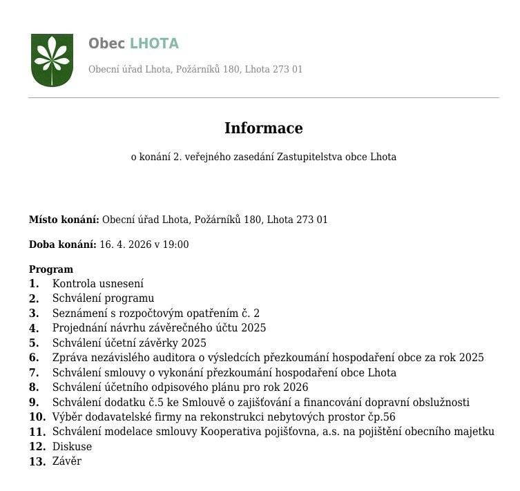 NA ZASEDÁNÍ OBECNÍHO ZASTUPITELSTVA