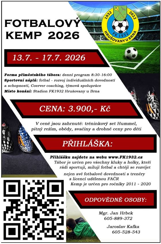 FK 1932 Hrušovany u Brna pořádá ve dnech 13. až 17. července 2026 již třetí ročník oblíbeného příměstského fotbalového kempu. Kemp je vhodný pro holky i kluky ve věku 6-15 let. Zbývá několik posledních volných míst. Více informací a možnost přihlášení najdete na stránkách www.fk1932.cz.