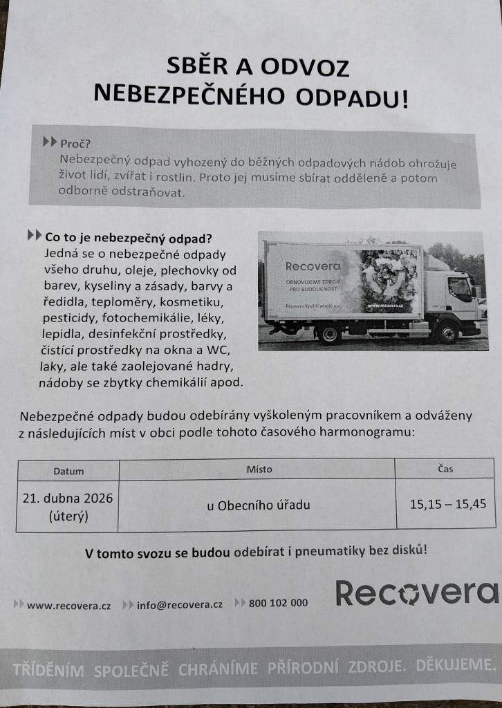 úterý 21. dubna 2026 u obecního úřadu, 15:15 - 15:45