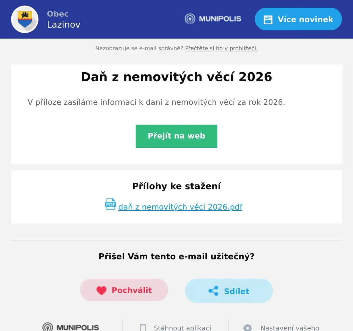V příloze zasíláme informaci k dani z nemovitých věcí za rok 2026.