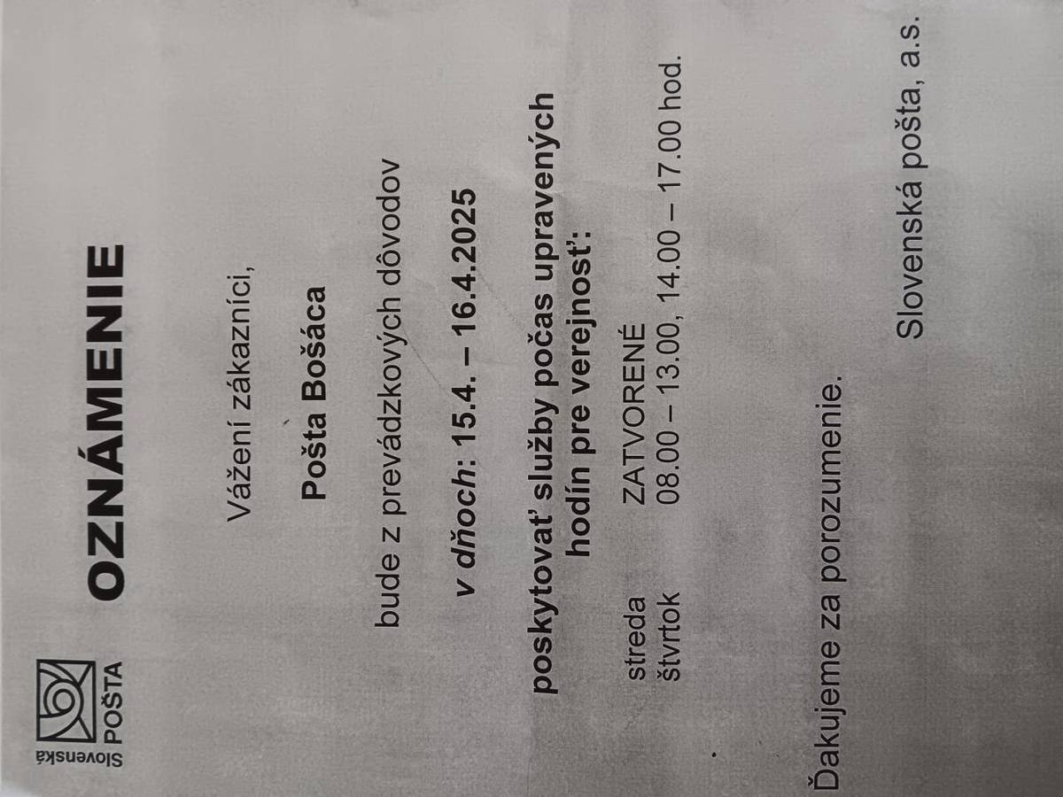 15.4.2026 Zatvorené  16.4.2026 8.00-13.00 a 14.00-17.00hod. otvorené