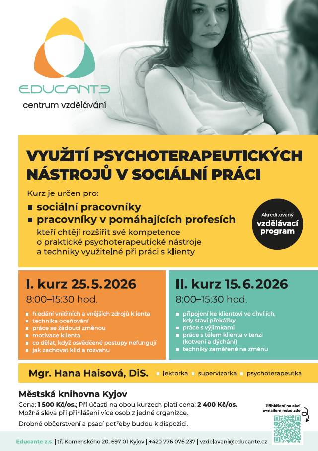 KURZ - VYUŽITÍ PSYCHOTERAPEUTICKÝCH NÁSTROJŮ V SOCIÁLNÍ PRÁCI - 25.5.2026 A 15.6.2026 - MĚSTSKÁ KNIHOVNA KYJOV