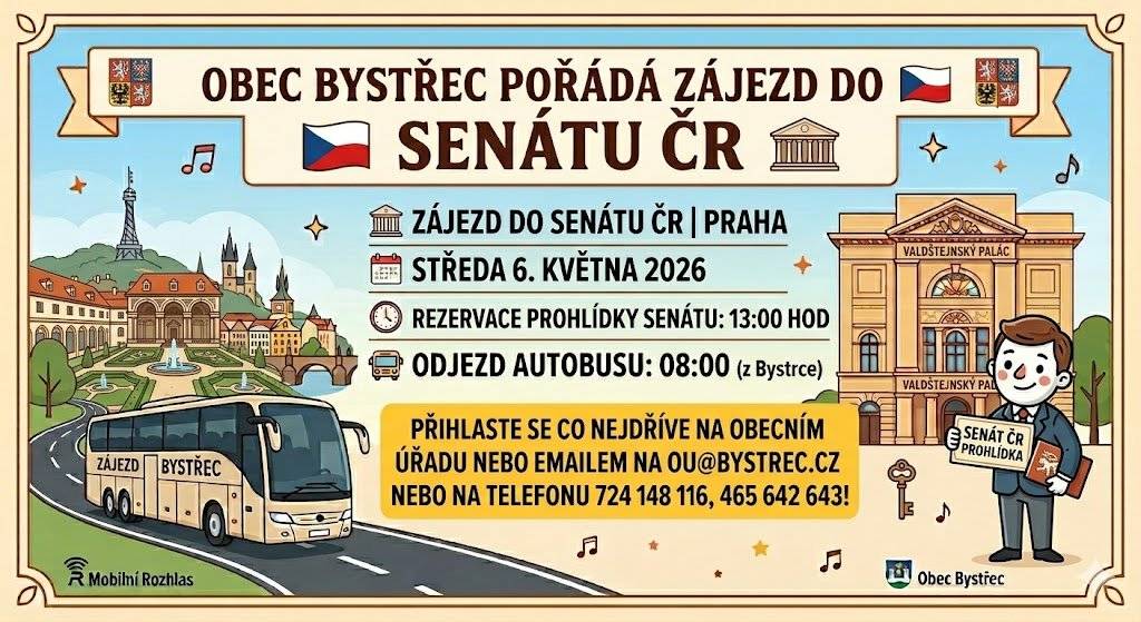 🏛️ Připomínáme zájezd do Senátu - příležitost k jarnímu výletu s přáteli. ☕🏰! Stále máme volná místa na náš plánovaný zájezd do historického sídla Senátu ČR v Praze! Program: Prohlídka Valdštejnského paláce, jednacího sálu a volný čas v centru Prahy. Přihlásit se můžete do pátku 17.4.2026. Těšíme se na společný zážitek! 🤝