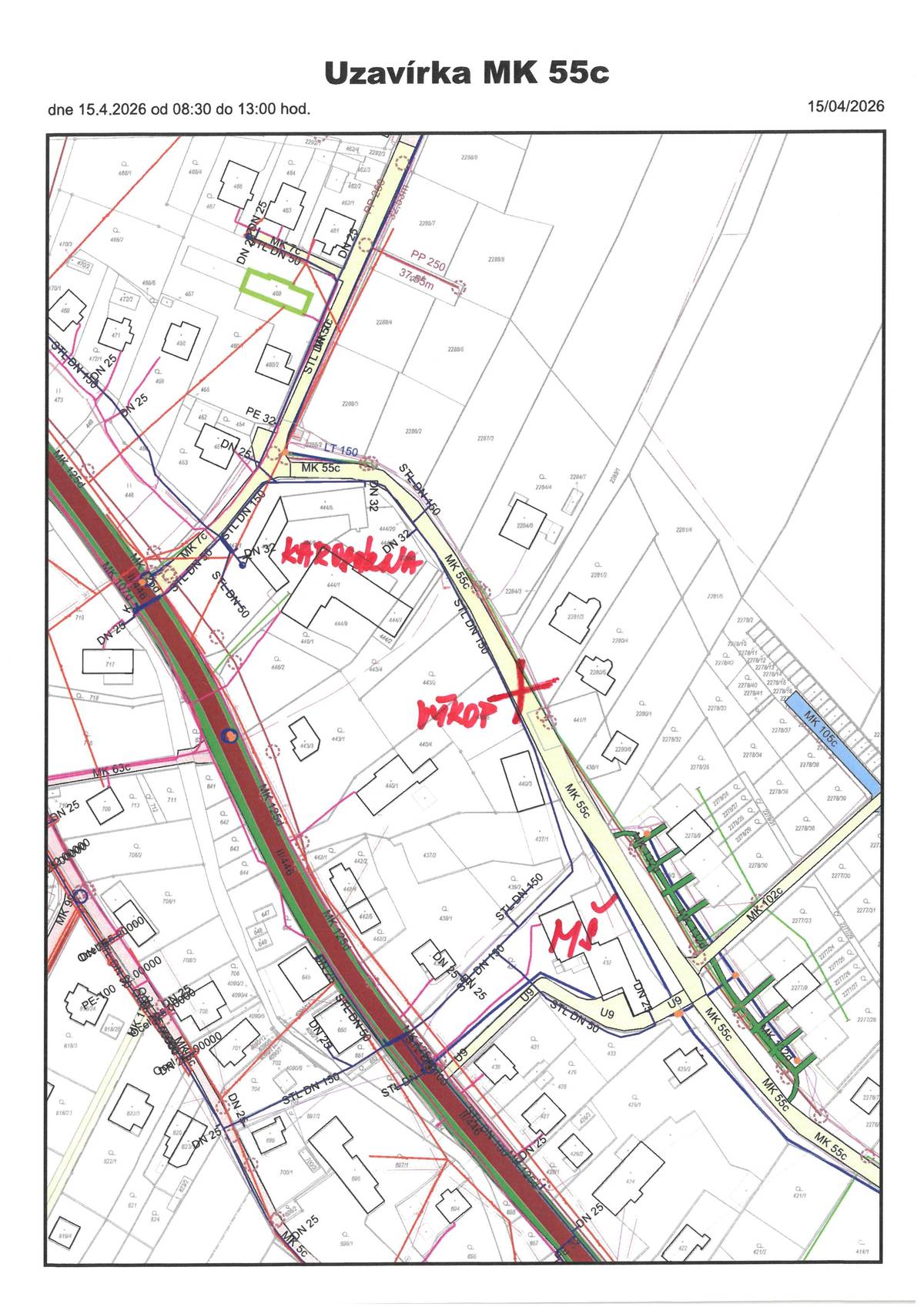 Dne 15.4.2026 bude uzavřena MK 55c od dolní MŠ po karosárnu od 08:30 do 13:00 hod. z důvodu provádění výkopových prací v komunikaci. Děkujeme za pochopení.