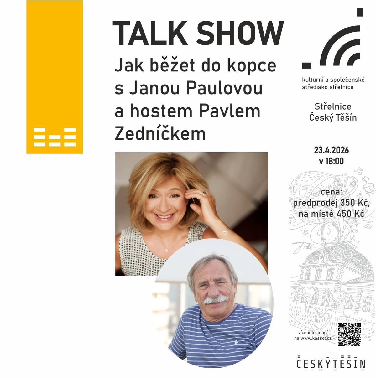 Ve čtvrtek 23. dubna dorazí do Českého Těšína legendární dvojice Jana Paulová a Pavel Zedníček! Přijďte si užít talkshow „Jak běžet do kopce“ plnou vtipných historek, nečekaných momentů a upřímného povídání dvou dlouholetých přátel, kteří toho na jevišti i mimo něj zažili opravdu hodně. Těšíme se na vás v 18:00 v KaSS „Střelnice“. Vstupenky mizí rychle, tak neváhejte a zajistěte si svá místa včas ZDE.