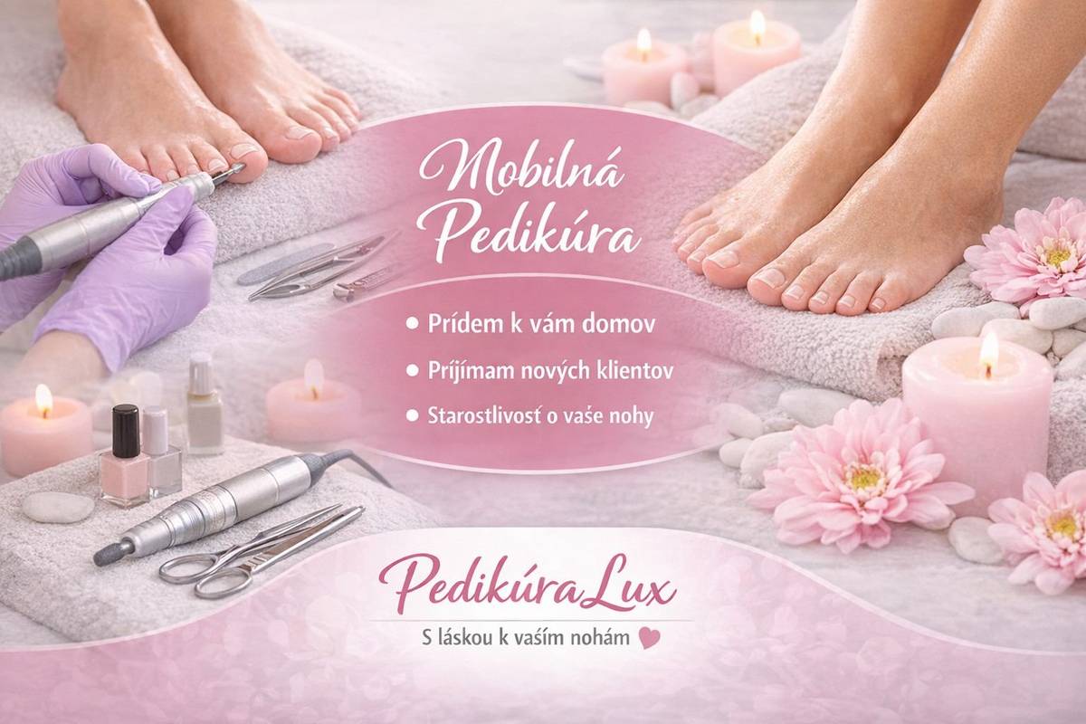 Milí občania 🌸   rada by som vám predstavila mobilnú pedikúru PedikúraLux, ktorú poskytujem priamo v pohodlí vášho domova 👣   Ak si chcete dopriať starostlivosť o svoje chodidlá bez potreby dochádzania, rada prídem za vami. Pedikúra je vhodná pre ženy, mužov aj seniorov – pre každého, kto si chce dopriať zdravé, upravené a oddýchnuté nohy.   Pracujem s dôrazom na hygienu, individuálny prístup a pohodlie klienta 🤍   ✨ aktuálne prijímam nové klientky ✨ možnosť objednania podľa dohody ✨ prídem priamo k vám domov   V prípade záujmu ma neváhajte kontaktovať prostredníctvom správy. FB: Karin Rajčanová 📞 +421 948 389 306   Budem vďačná aj za zdieľanie medzi vašimi blízkymi 🌷   Teším sa na vás 🤍   PedikúraLux S láskou a starostlivosťou priamo k vám domov