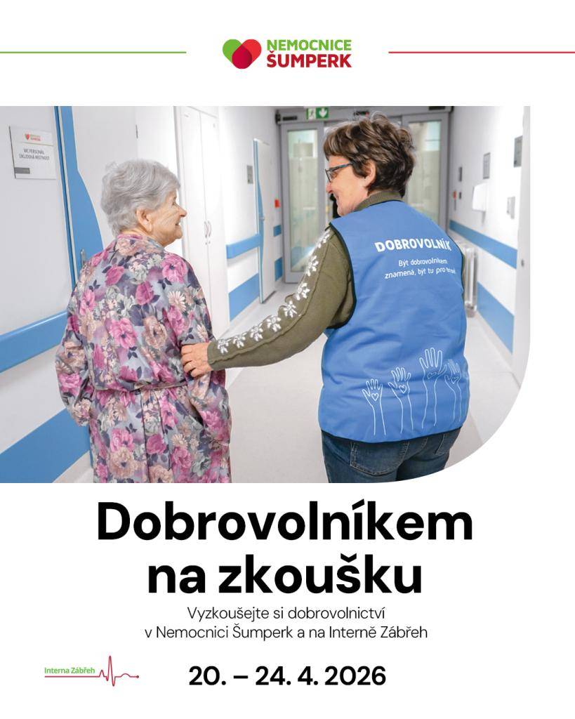 Nemocnice Šumperk a Interna Zábřeh se letos poprvé zapojí do celorepublikové akce Dny dobrovolnictví. Pod vlastním názvem „Dobrovolníkem na zkoušku“ otevřou ve dnech 20. - 24. dubna 2026 své dveře všem, kdo chtějí pomáhat jejich pacientům a klientům.