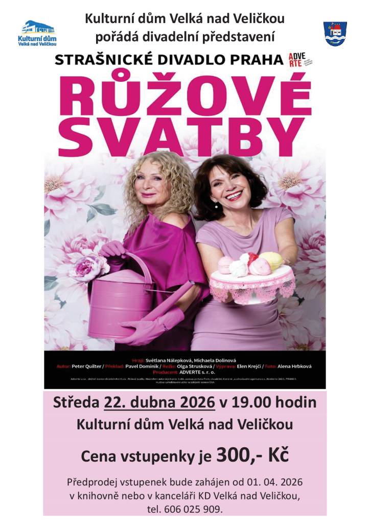 Zveme vás na divadelní představení Strašnického divadla Praha, které se uskuteční ve středu 22. dubna 2026 v Kulturním domě ve Velké nad Veličkou. Představení začíná v 19:00 hodin.