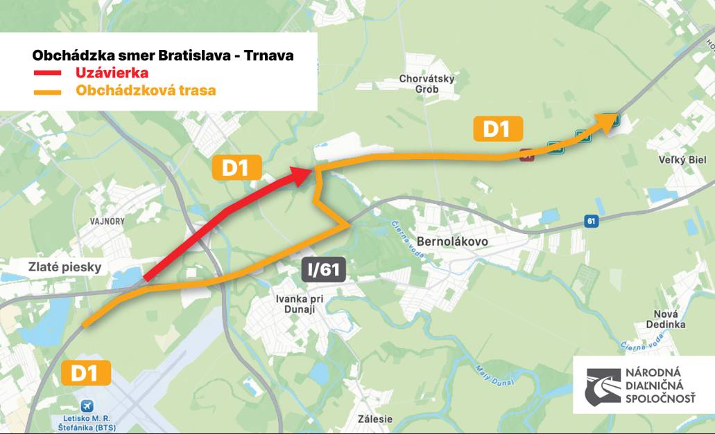 Uzávera výlučne v smere na Trnavu je aktuálne plánovaná od piatka (17.4.) do nedele (19.4.). Ak nedôjde k zásadnej zmene počasia, uzávera začne v piatok večer o 20:00 a práce potrvajú do nedeľného večera. Diaľnica sa uzatvorí od bratislavských Zlatých Pieskov po križovatku Bernolákovo.