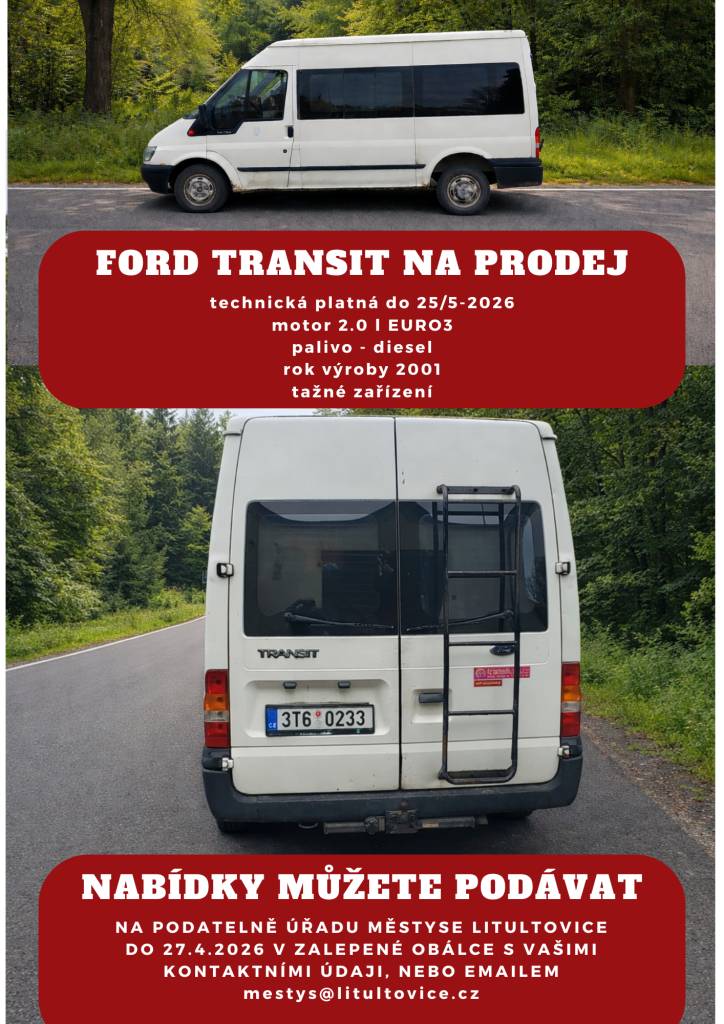 STK 25/5-2026, motor 2.0 l EURO3, palivo diesel, rok výroby 2001, tažné zařízení.  Nabídky můžete podávat na podatelně úřadu městyse Litultovice do 27.4.2026 v zalepené obálce s vašimi kontaktními údaji nebo emailem městys@litultovice.cz