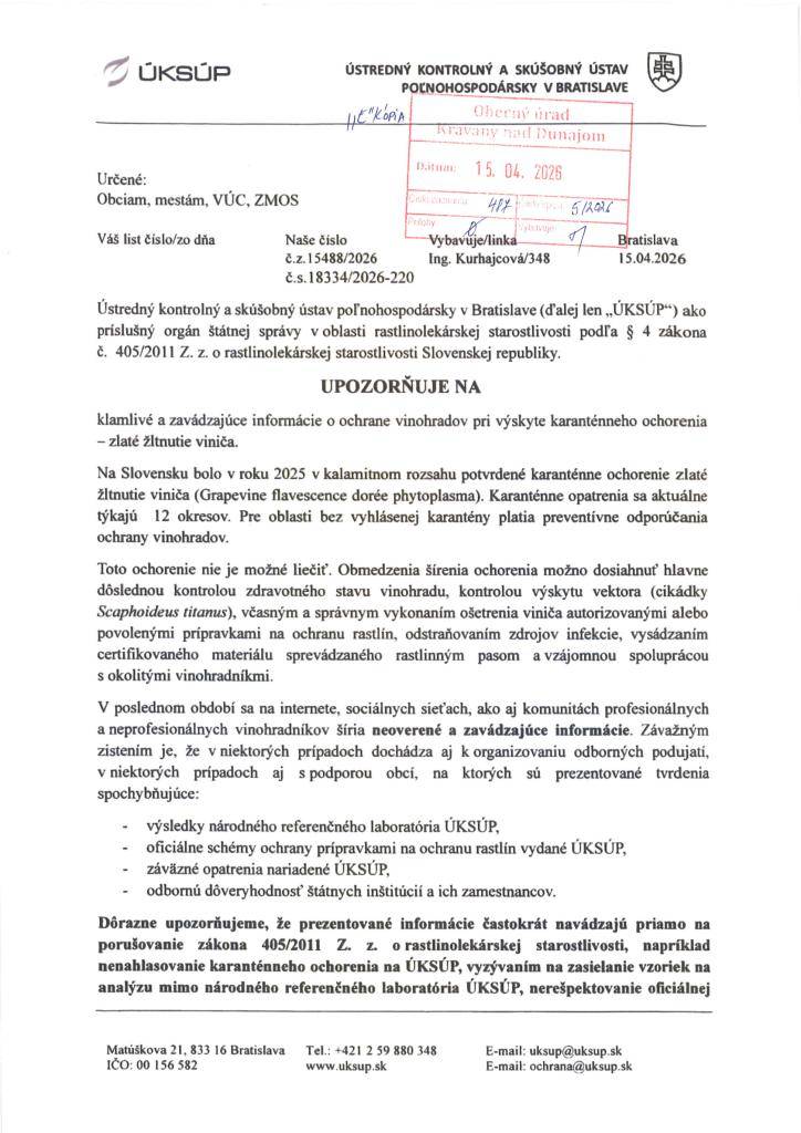 Upozornenie na klamlivé a zavádzajúce informácie o ochrane vinohradov pri výskyte karanténneho ochorenia - zlaté žltnutie viniča