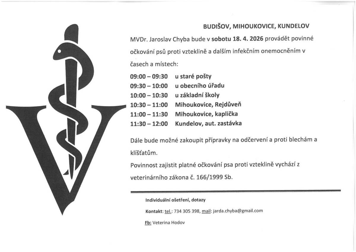 MVDr. Jaroslav Chyba bude v sobotu 18.04.2026 provádět povinné očkování psů proti vzteklině a dalším infekčním onemocněním.