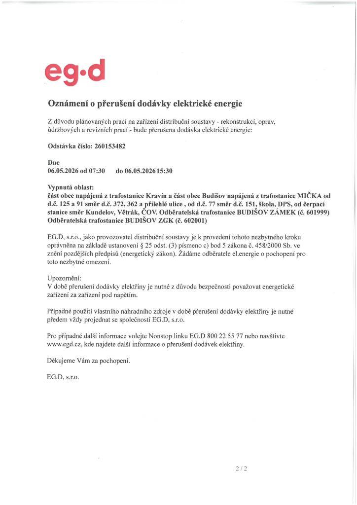 Oznámení o přerušení dodávky elektrické energie dne 06.05.2026 od 7:30 do 15:30 hodin.