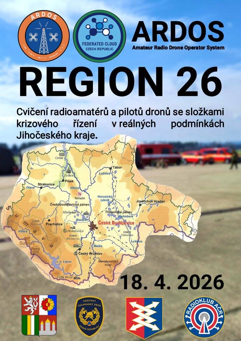 Radioklub Armády České republiky realizuje druhý ročník cvičení ARDOS REGION, které se uskuteční 18. dubna 2026 v Jihočeském kraji. Letošní cvičení představuje náročný test sítě krizové komunikace v České republice – poprvé budou do simulace blackoutu zapojeny pracoviště krizového řízení obcí s rozšířenou působností Dačice, Soběslav, Český Krumlov, Vimperk a obcí Borová Lada, Dráchov, Přední Výtoň a Horní Planá. Do cvičení se zapojí přes 100 účastníků těchto obcí, Krajské operační a informační středisko a Krizový štáb Jihočeského kraje. Současně proběhne cvičení operátorů bezpilotních letounů ve spolupráci s Policií České republiky. Další podrobnosti o cvičení na stránkách Radioklubu AČR: Připravujeme cvičení ARDOS REGION 2026 | RK AČR