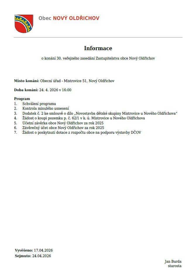 Zveme Vás na 30. zasedání zastupitelstva obce Nový Oldřichov dne 24.4.2026 v 16:00 v budově obecního úřadu.