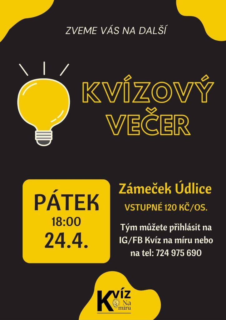 Dne 24. 4. Kvízový večer od 18h na zámečku informace k registraci na letáku.