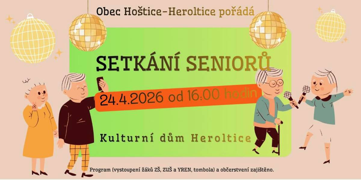 Obec Hoštice-Heroltice pořádá setkání seniorů v kulturním domě v Herolticích, kde se představí žáci základní školy a základní umělecké školy. Těšit se můžete na tombolu a zajištěné občerstvení.