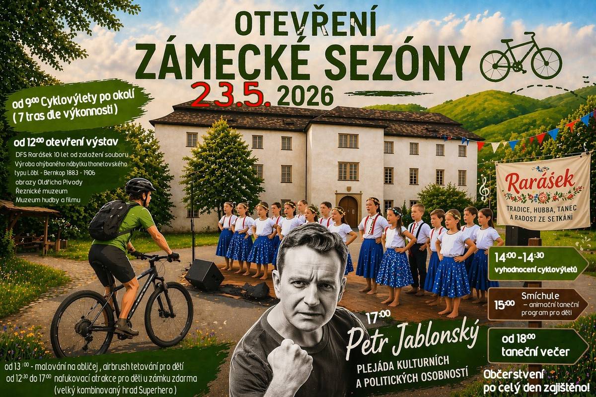 Městys Hustopeče nad Bečvou ve spolupráci s kulturním a sportovním výborem Vás srdečně zvou v sobotu 23.5.2026 do zámku Hustopeče nad Bečvou na Otevření zámecké sezóny 2026. V programu: od 9:00 hod. cyklovýlety po okolí ( 7 tras dle výkonosti ) od 12:00 hod. otevření výstav - Dětský folklorní soubor Rarášek 10 let od založení souboru, Hustopečské řeznické muzeum, Výstava historických vařičů a další  tepelné techniky pro domácnosti, Muzeum hudby a filmu, Obrazy Oldřicha Pivody,  výroba ohýbaného nábytku thonetovského typu Löbl - Bernkop 1883 - 1906 od 13:00 hod. malování na obličej, airbrush tetování pro dětí od 12:30 do 17:00 hod. nafukovací atrakce pro děti u zámku zdarma (velký kombinovaný hrad Superhero) od 14:00 do 14:30 hod vyhodnocení cyklovýletů od 15:00 hod. Smíchule – animační taneční program pro děti od 17:00 hod. Petr Jablonský - plejáda kulturních a politických osobností  od 18:00 hod. hudební a taneční večer  Občerstvení po celý den zajištěno!