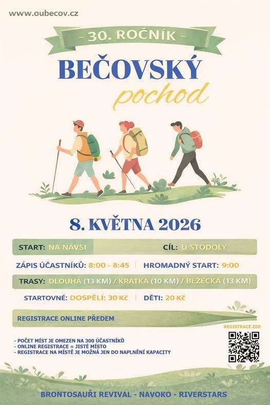 Srdečně vás zveme na jubilejní 30. ročník Bečovského pochodu, který se uskuteční 8. května 2026.   Přijďte si s námi užít krásný den v přírodě a vyberte si trasu podle svých sil. Letos jsme pro vás nově připravili online registraci předem, kterou doporučujeme využít – pomůžete tím urychlit odbavení na startu a zároveň si zajistíte své místo.     Registrovat se můžete zde: https://www.stopnito.cz/prihlaseni-na-zavod/1156     Kapacita je letos omezena na 300 účastníků. Registrace na místě bude možná, ale pouze do naplnění kapacity – účastníci registrovaní předem mají místo jisté.   A jako každý rok se můžete těšit i na příjemné zakončení – u stodoly na vás čeká doprovodný hudební program.   Těšíme se na vás!