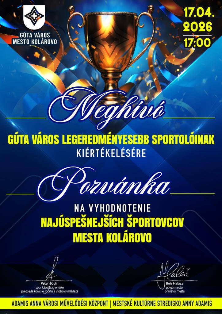 Srdečne pozývame všetkých na vyhodnotenie najúspešnejších športovcov mesta Kolárovo!   Dátum: 17. apríl 2026 (piatok) - 17:00  Miesto: Mestské kultúrne stredisko Anny Adamis