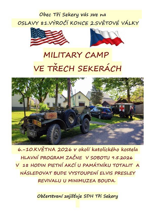 Obec Tři Sekery vás zve na oslavy 81. výročí konce 2. světové války, které se konají od 6. do 10. května 2026 v okolí katolického kostela.