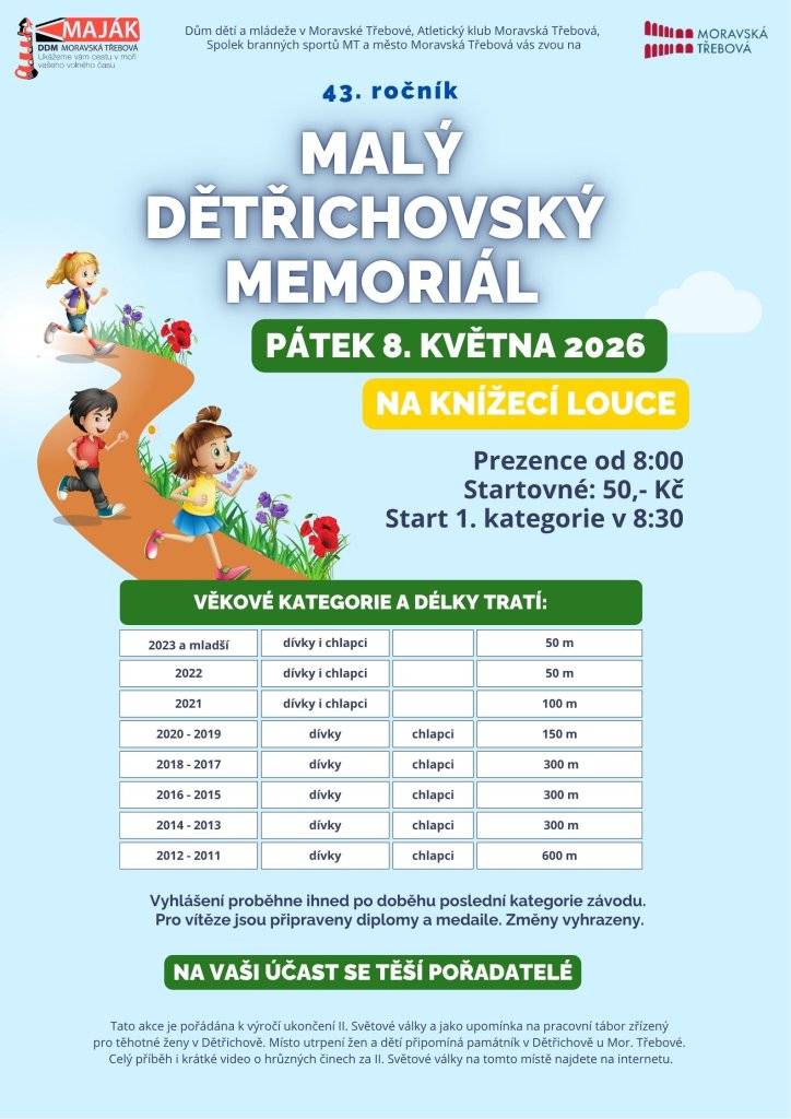 Neváhejte a dorazte – těšíme se na všechny malé sportovce i fanoušky!   ➡️Pátek 8. 5. 2026 Prezentace od 8:00 / Start v 8:30 Startovné 50 Kč     Pro nejlepší závodníky jsou připraveny diplomy a medaile.