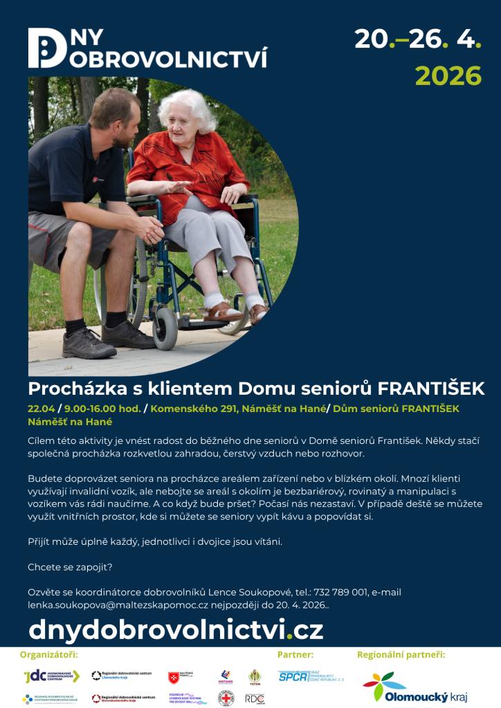 Dům seniorů František v Náměšti na Hané pořádá dobrovolnickou akci, jejímž cílem je vnést radost do života seniorů. Procházka se uskuteční 22. dubna 2026 od 9:00 do 16:00 hod. v bezbariérovém areálu zařízení. Dobrovolníci budou doprovázet seniory na procházkách a v případě deště budou k dispozici v