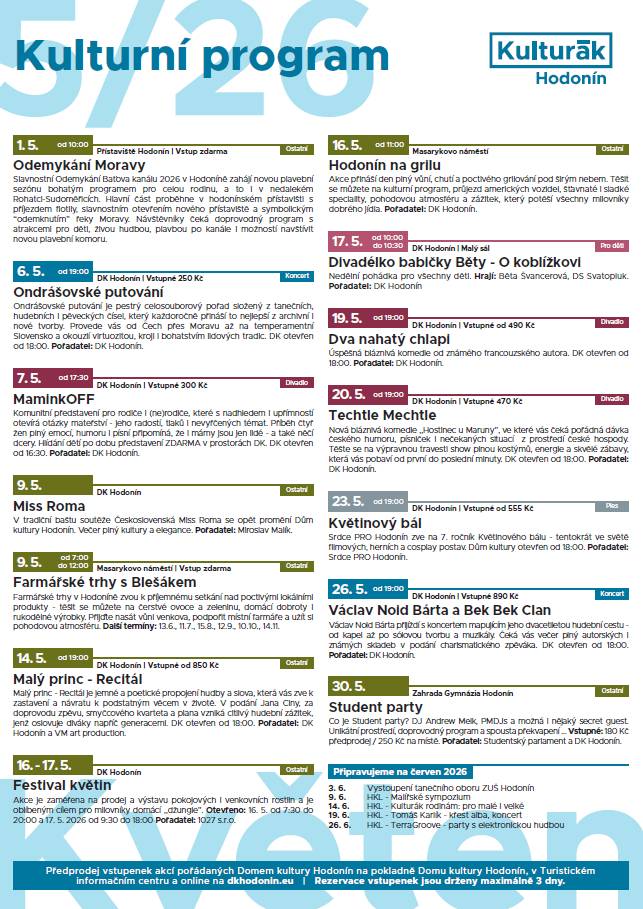 KD HODONÍN - PROGRAM NA MĚSÍC KVĚTEN 2026