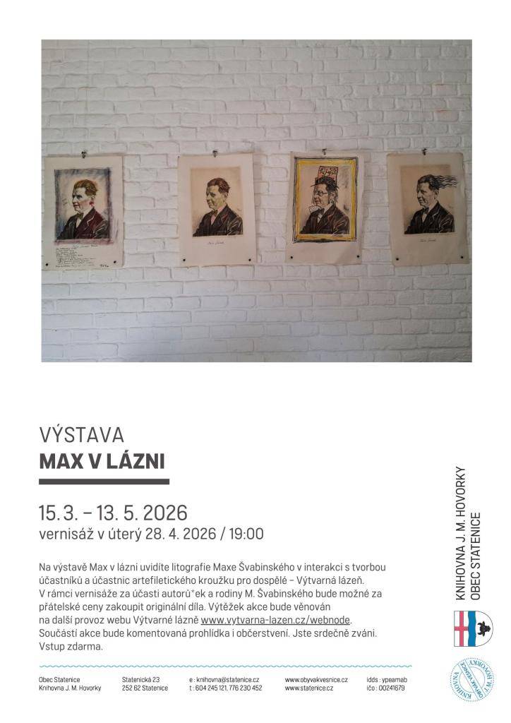 Na výstavě Max v lázni uvidíte litografie Maxe Švabinského v interakci s tvorbou účastníků a účastnic artefiletického kroužku pro dospělé - Výtvarná lázeň. Vernisáž se koná 28. dubna 2026 od 19:00.