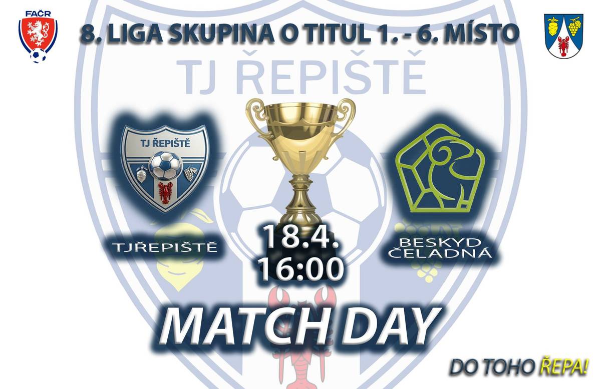 TJ Řepiště, z.s.  srdečně zve fotbalové příznivce na utkání play off 8. ligy mužů.  ⚽️⚽️ Přijďte hráče podpořit !!  Občerstvení zajištěno – výborné klobásy, pivo Radegast a Plzeň na čepu 🍺