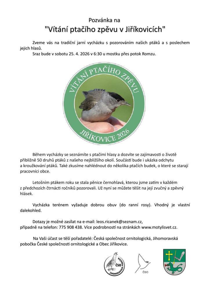 Zveme vás na tradiční jarní vycházku spojenou s pozorováním ptáků a poslechem jejich hlasů.