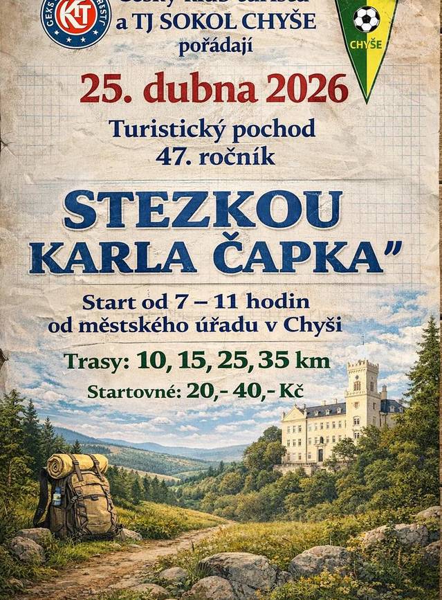 ???? Vyrazte s námi „Stezkou Karla Čapka“! ????  Zveme všechny milovníky pohybu a krásné přírody na 47. ročník oblíbeného turistického pochodu, který pořádá Český klub turistů a TJ Sokol Chyše. Přijďte si užít jarní sobotu v malebném okolí Chyše!