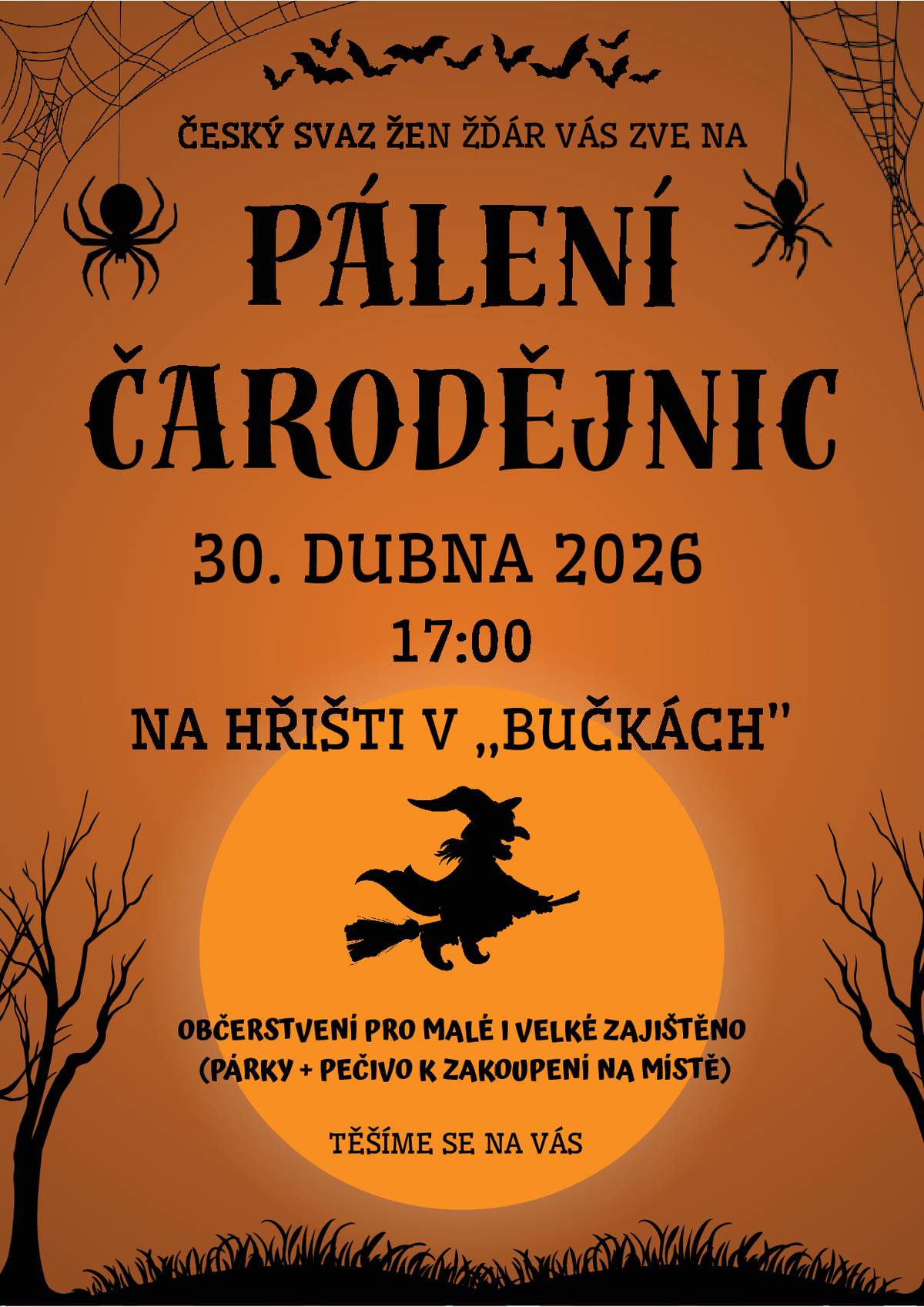 Do konce měsíce dudbna se můteže těšit na KINOKAVÁRNU, která proběhne v Dělnickém domě od 17:00 hodin v sobotu 25.4.2026 a dále na tradiční PÁLENÍ ČARODĚJNIC, které proběhne ve čtvtrtek 30.4.2026. Těší se pořadatelé.