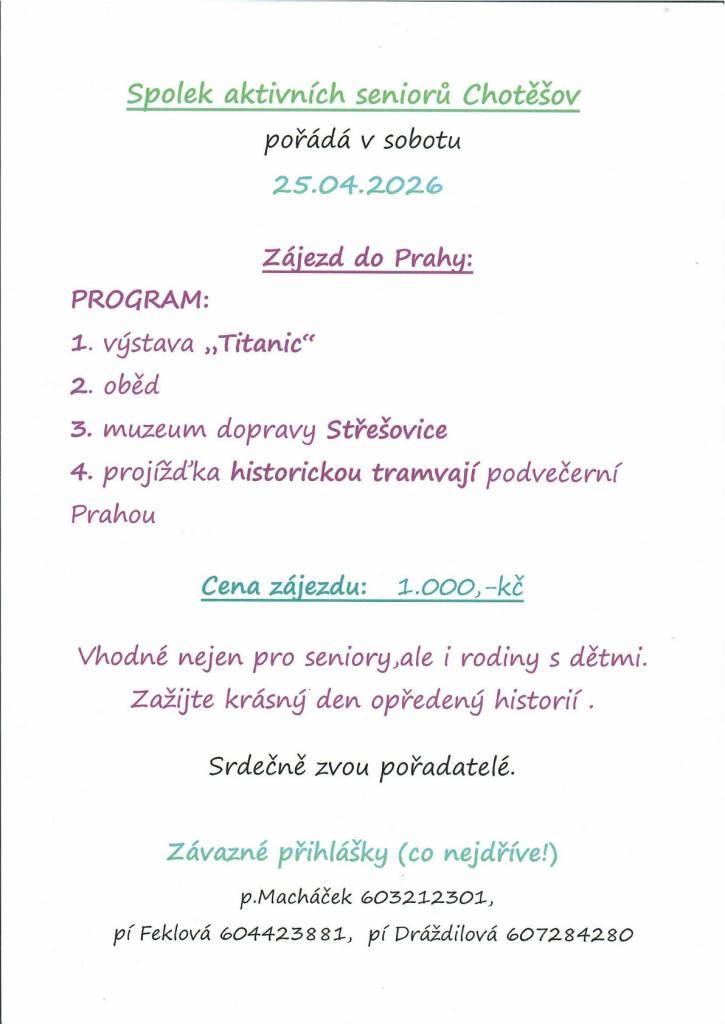 Spolek aktivních seniorů Chotěšov pořádá 25.4.2026 zájezd do Prahy