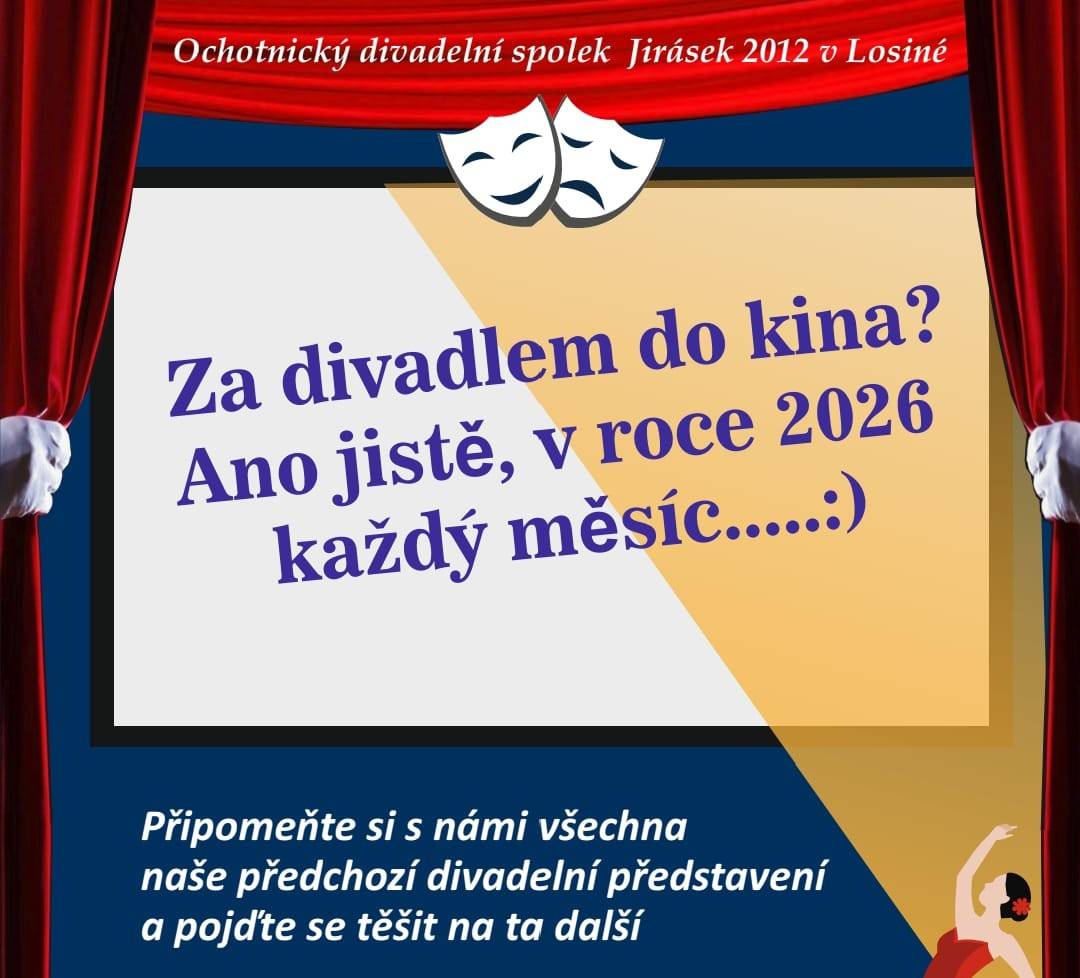 Každý měsíc máme pro vás připravený záznam z divadelního představení Ochotnického divadelního spolku Jirásek 2012. Těšíme se. Vaši ochotníci.