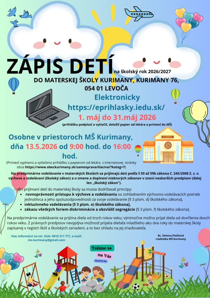 ZÁPIS detí do MATERSKEJ ŠKOLY na školský rok 2026/2027