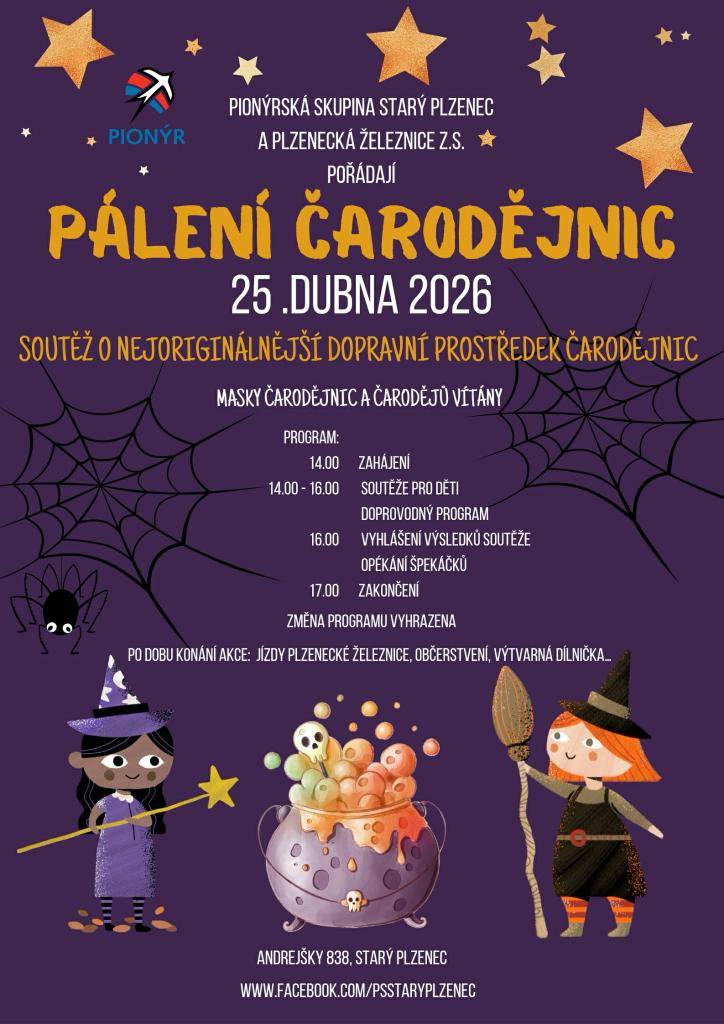 Čarodějnické rejdění, opékání buřtů, provoz úzkorozchodné železnice 600 mm.