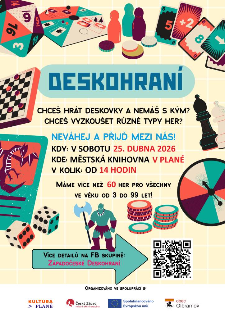 Odpoledne plné deskových her pro hráče od 3 let pod vedením Miroslava Vlacha. Na výběr bude z 60 her pro děti i dospělé.  Vstup volný.