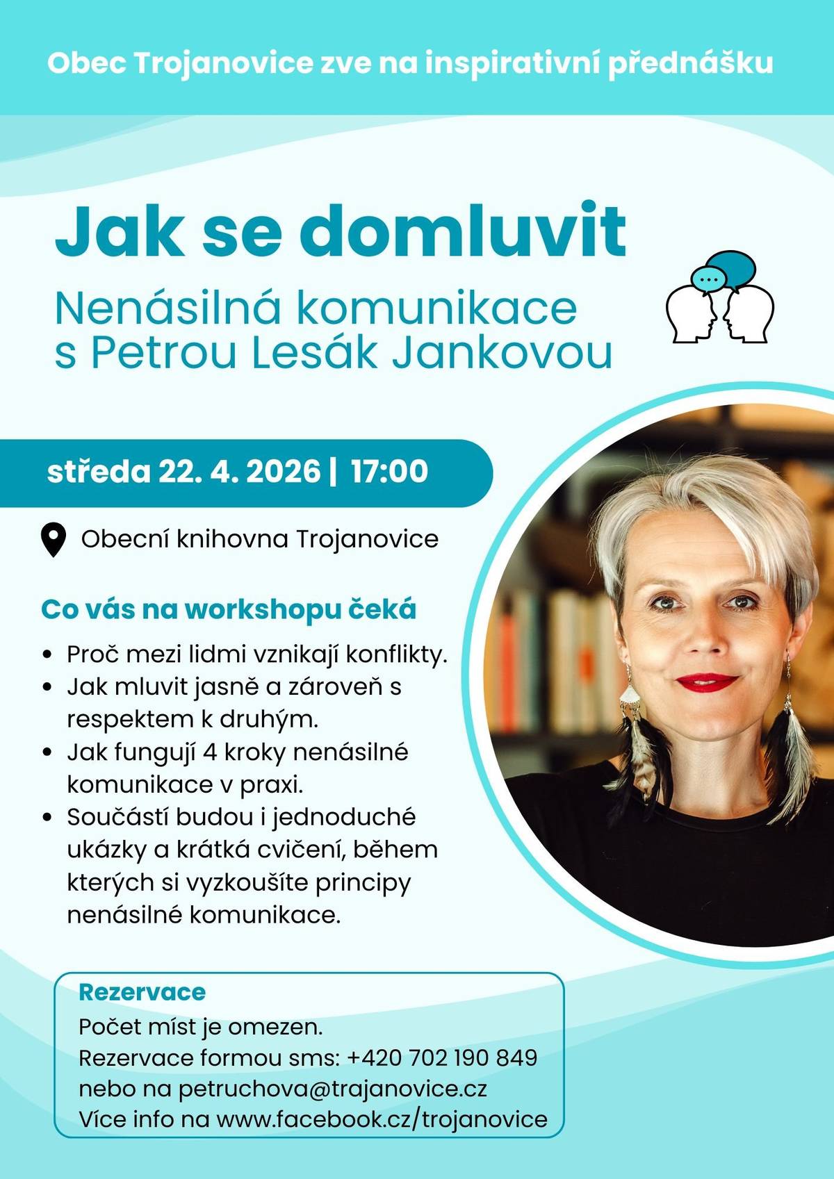 v knihovně v Trojanovicích ve středu 22. dubna 2026 od 17:00 hodin. Včetně praktických ukázek a jednoduchých cvičení pro pochopení principů nenásilné komunikace. Těšíme se na vás.