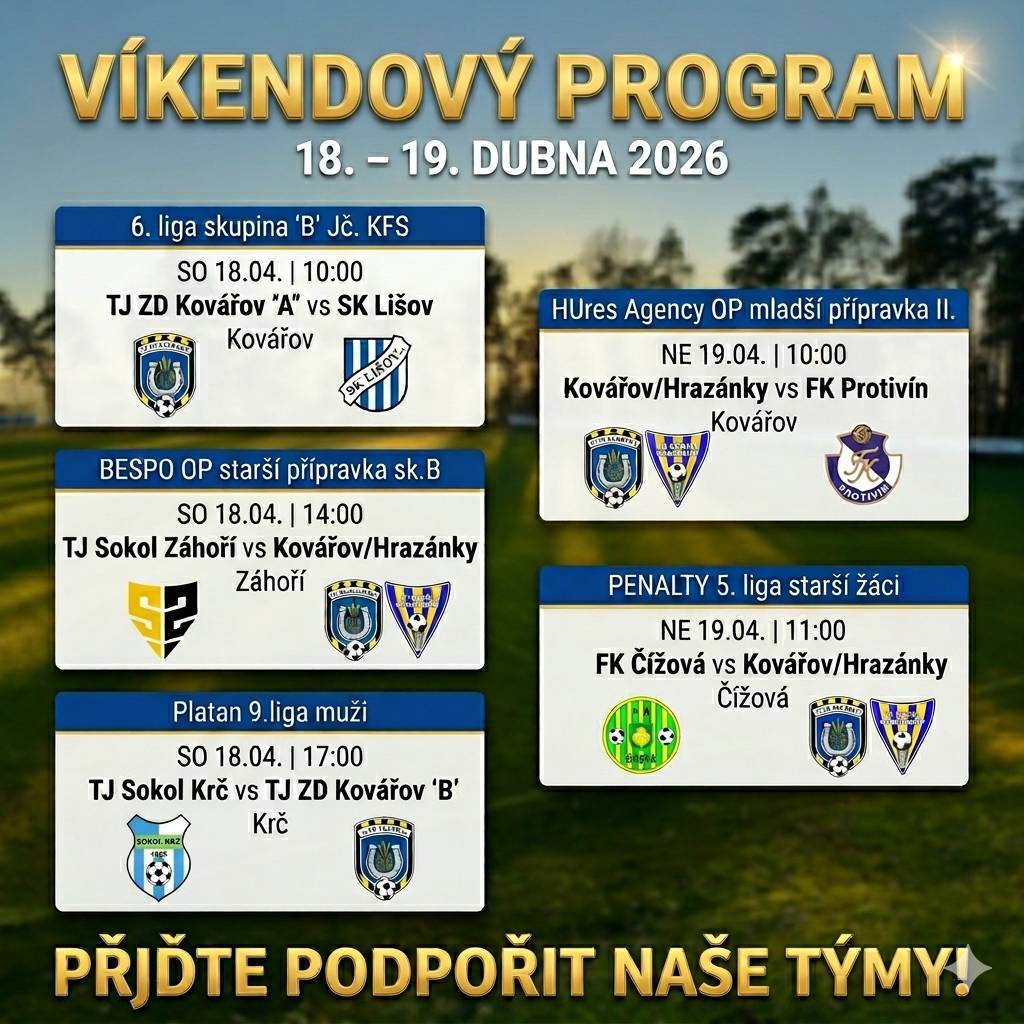 ⚽️Přehled zápasů TJ ZD Kovářov pro tento víkend. Přijďte je podpořit na Hůrka.