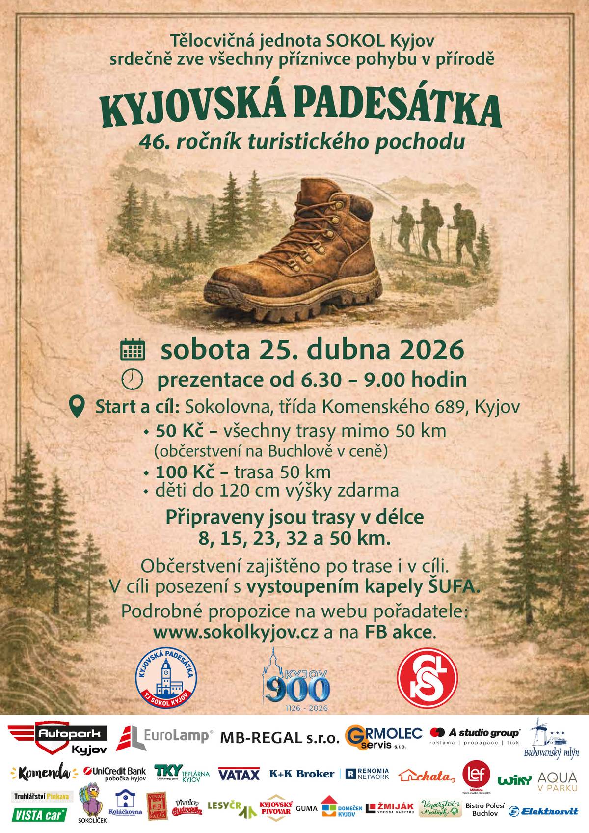 Tělocvičná jednota SOKOL Kyjov zve všechny příznivce pohybu v přírodě na 46. ročník turistického pochodu KYJOVSKÁ PADESÁTKA.