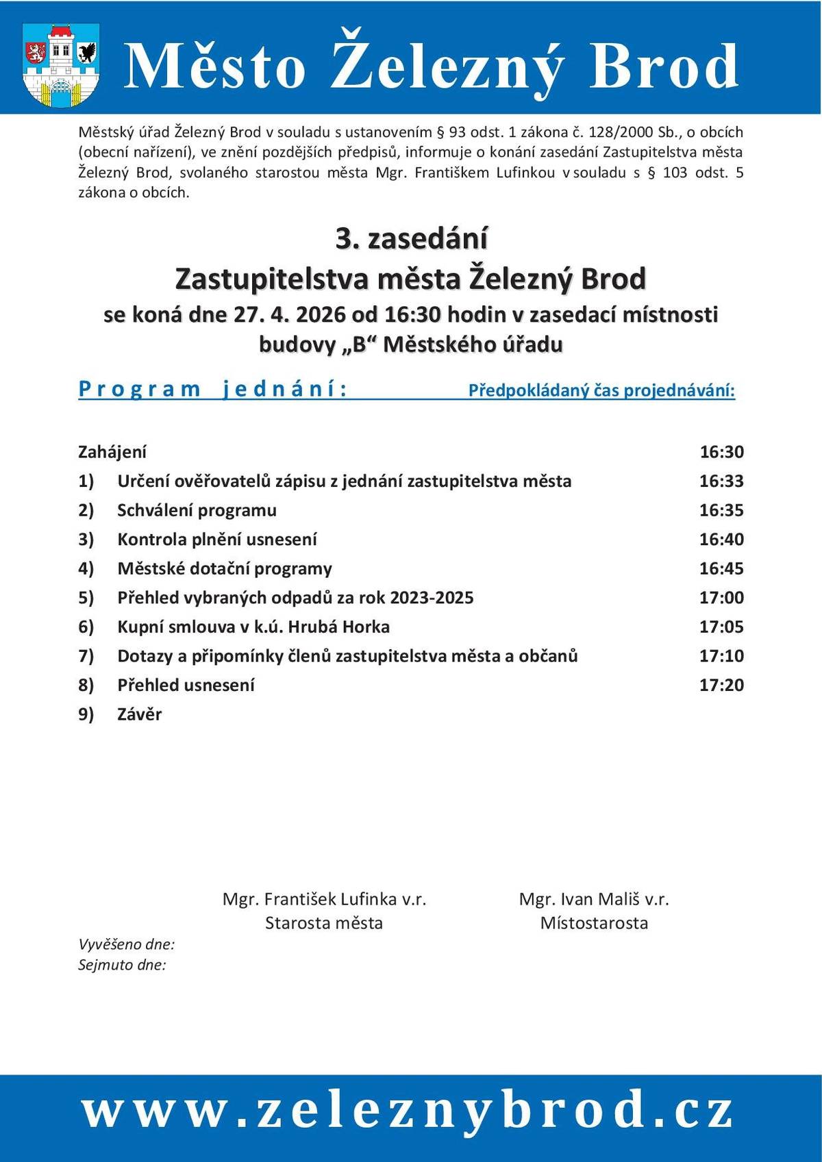 S datem konání v pondělí 27. 4. 2026 od 16:30 hodin.