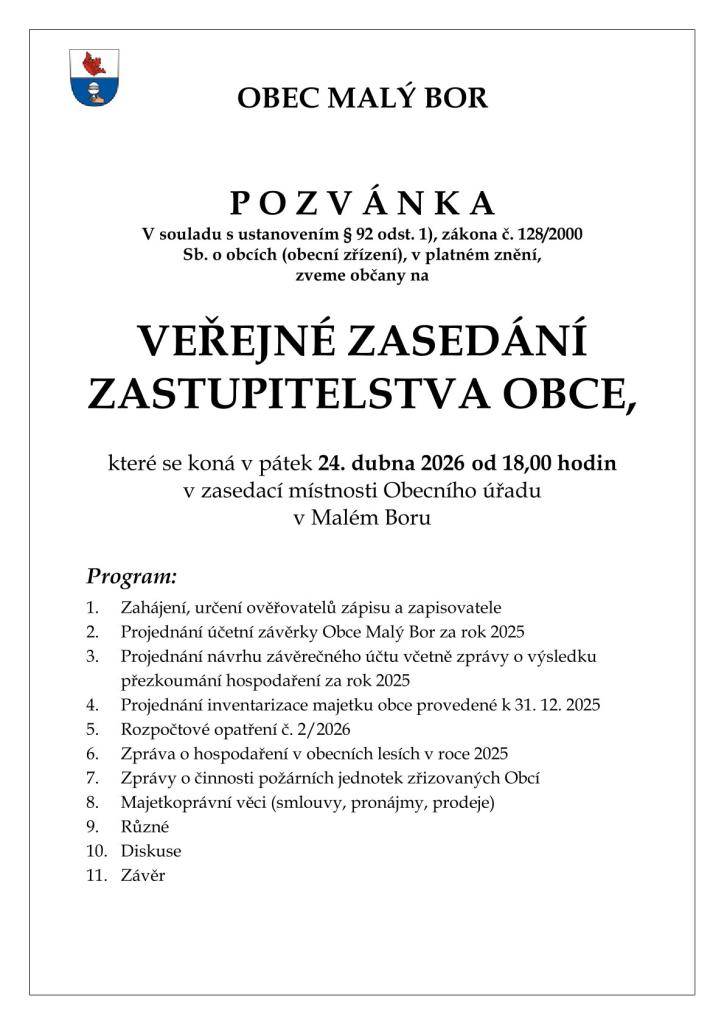 Zveme na veřejné zasedání zastupitelstva v Malém Boru dne 24.4. od 18:00.