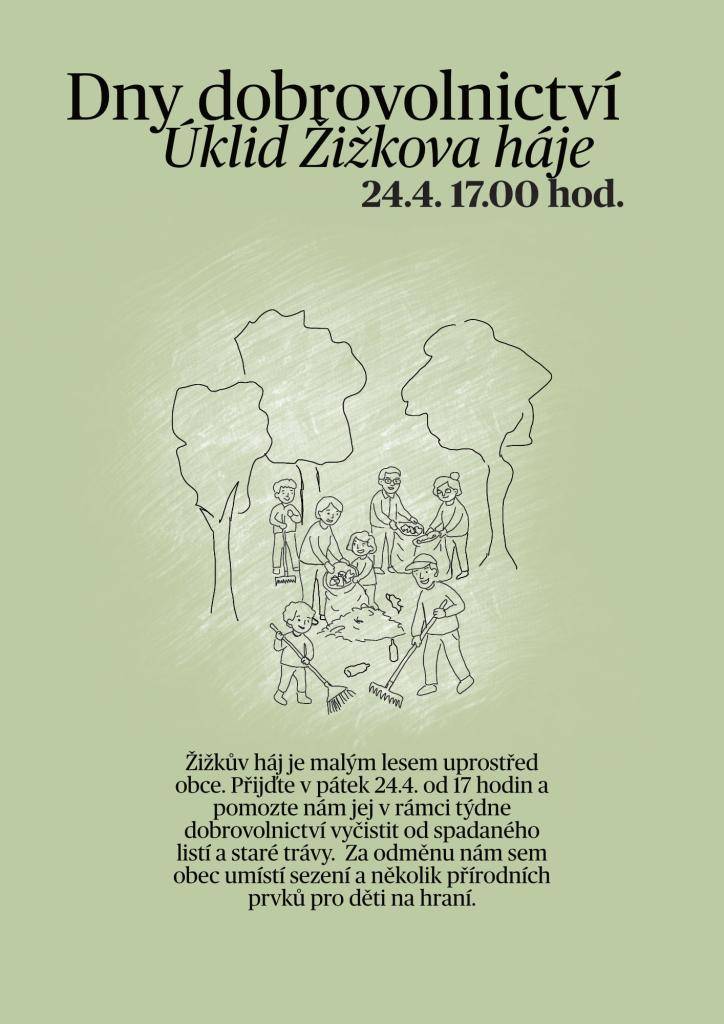 Dny dobrovolnictví - Úklid Žižkova háje dne 24.4. od 17:00 hod.