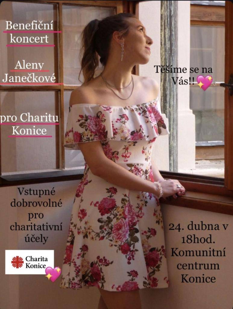 Charita Konice srdečně zve na benefiční koncert Aleny Janečkové, který se uskuteční v pátek 24.4.2026 v 18.00 hod. v Komunitním centru Konice. Vstupné je dobrovolné.