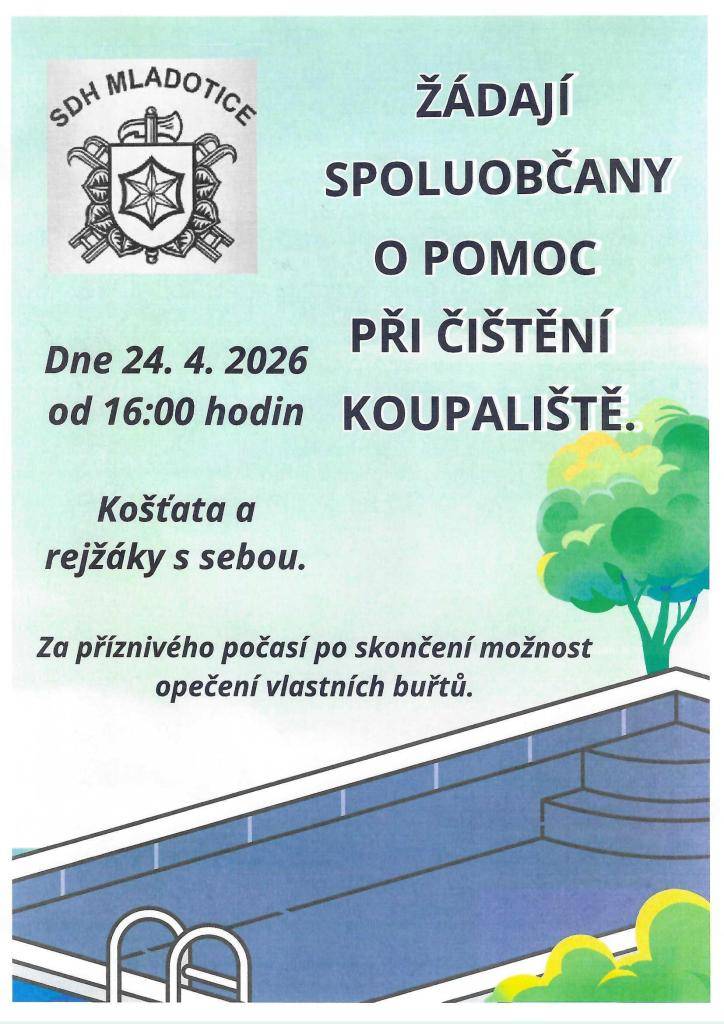 - pořádá SDH Mladotice, 24. 4. 2026 od 16:00, pomoc spoluobčanů vítána.