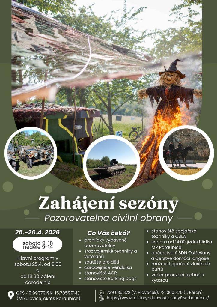 Zveme vás na tradiční zahájení sezóny v areálu pozorovatelny civilní obrany v Mikulovicích. Čeká vás víkend plný vojenské techniky, ukázek, soutěží i večerního programu u ohně.