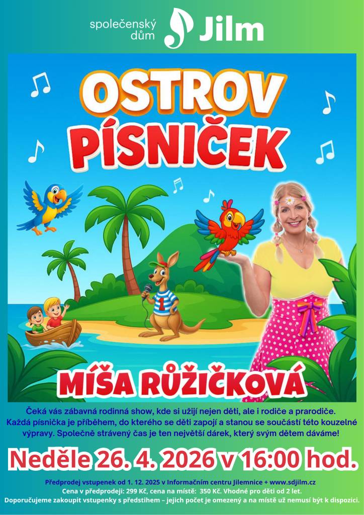 Co vás čeká? Písničková, taneční a světelná show pro celou rodinu.  Vypravte se s námi na kouzelný Ostrov písniček, na kterém se děti setkají se zvířecími kamarády.