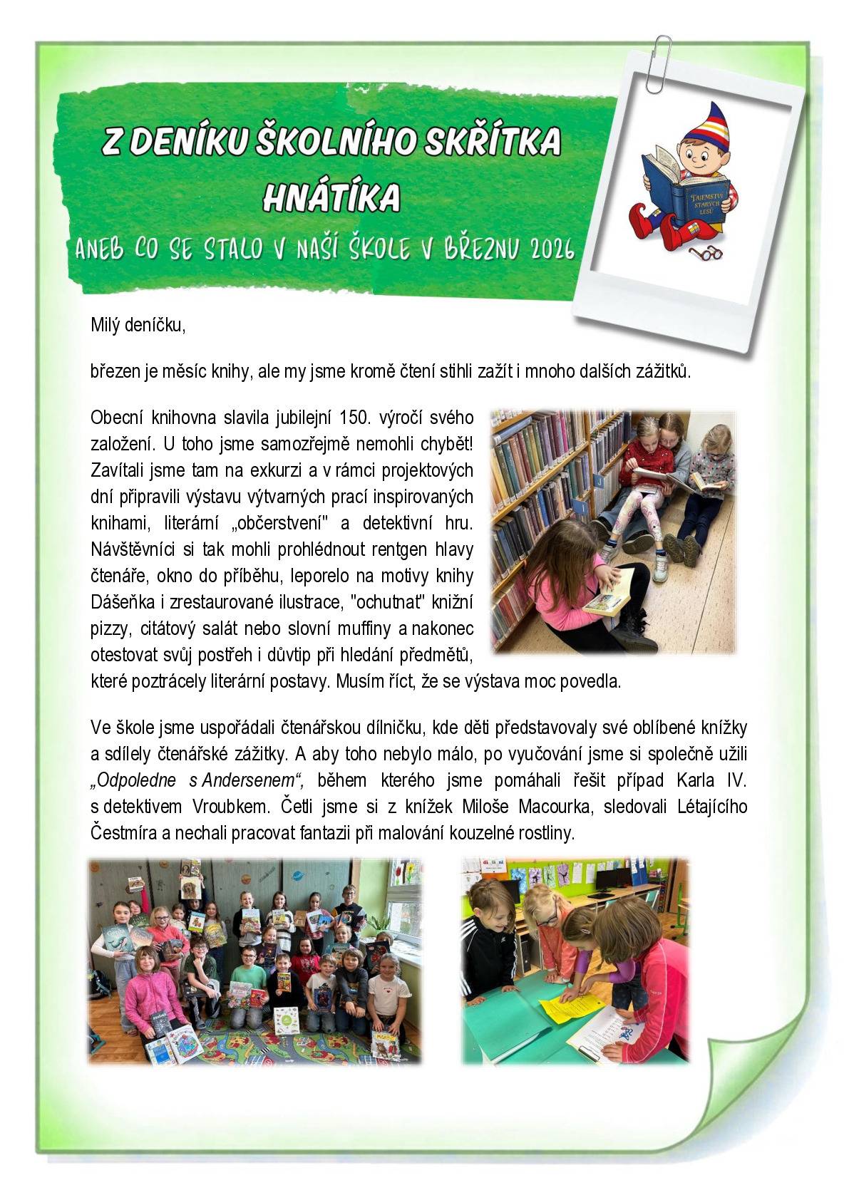 Z deníku školního skřítka Hnátíka aneb co se dělo v naší škole v březnu 2026.