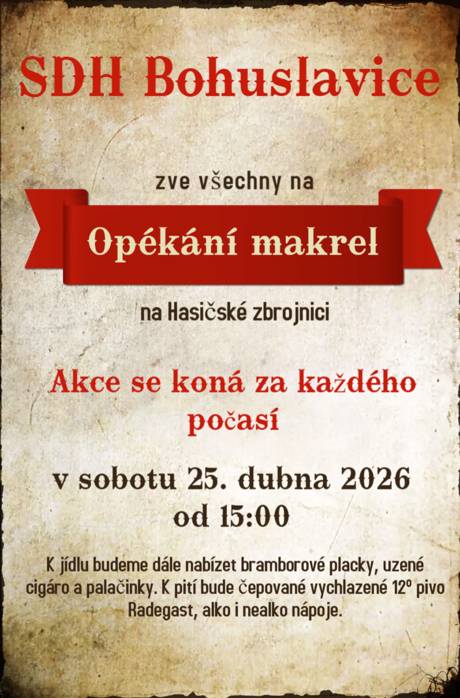 25.4.2026 opékání makrel od 15:00 hod. na hasičárně SDH Bohuslavice.